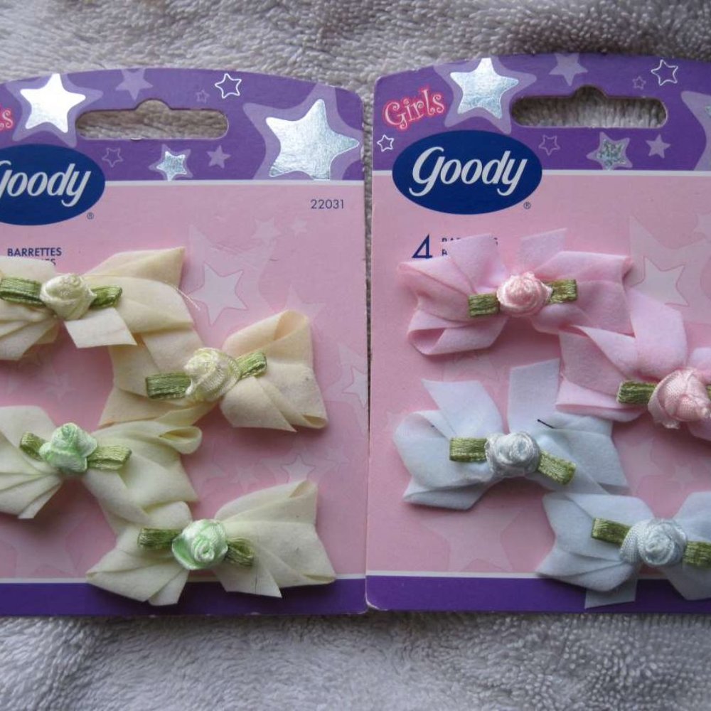 8 Goody Girls Baby White Pink Yellow Fabric Rose Flowers Hair Barrettes Pastel